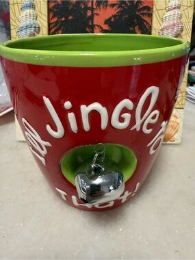 Hallmark Red Ceramic Holiday Planter with Green Interior and Silver Bell